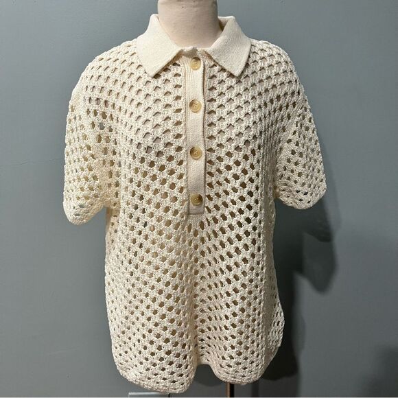 NWT H&M Cream Short Sleeve Hole-knit Top Size Medium - Picture 3 of 7